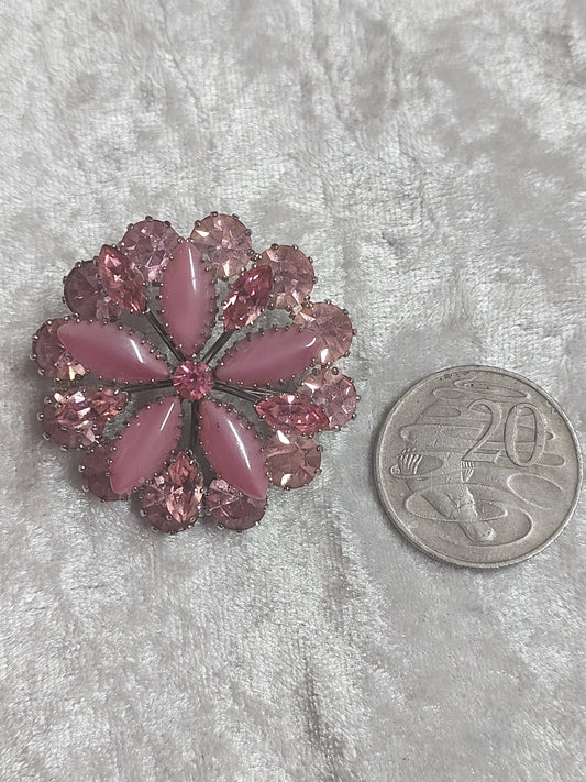 Vintage Pink Rhinestone Floral Brooch