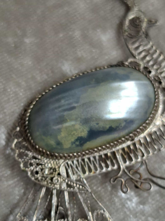 Vintage Peacock Filigree Brooch – Shell Cabochon – 1950s–70s