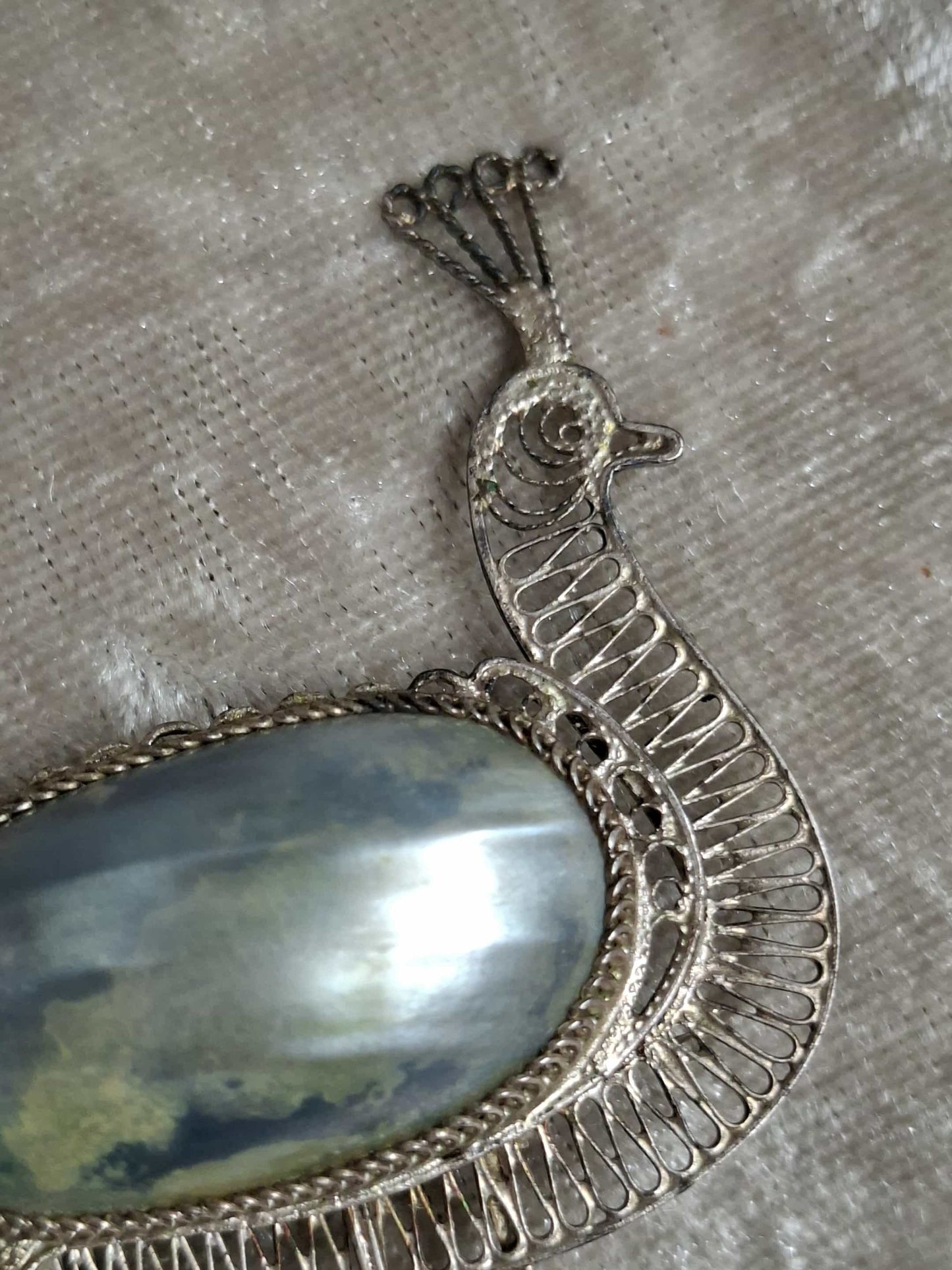 Vintage Peacock Filigree Brooch – Shell Cabochon – 1950s–70s