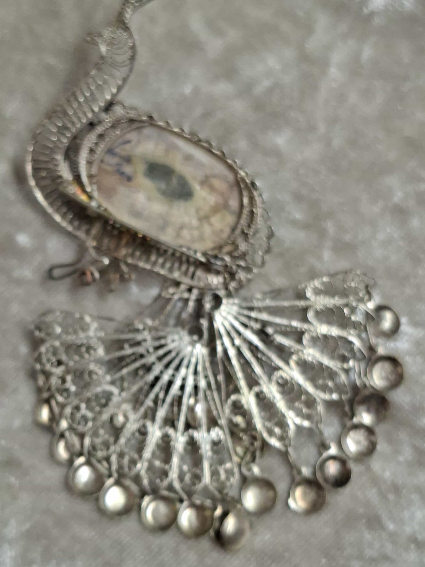 Vintage Peacock Filigree Brooch – Shell Cabochon – 1950s–70s