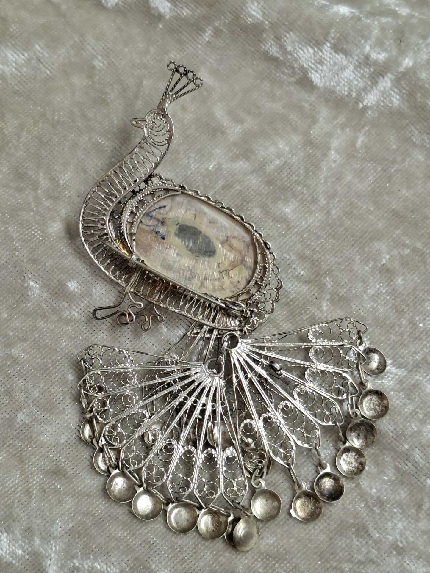 Vintage Peacock Filigree Brooch – Shell Cabochon – 1950s–70s