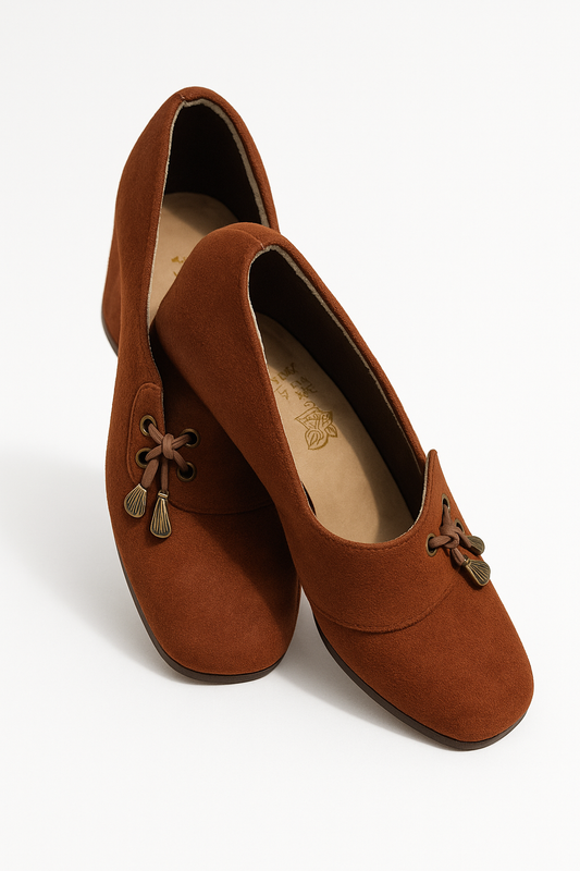 Vintage-Inspired Suede Chunky Heel Shoes – 70s Boho Revival